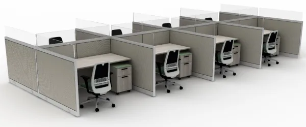 Row of modular office cubicles with glass divider panels, fabric partitions, wood-tone desks, under-desk pedestals, and ergonomic task chairs.AMQ_Work-Hub-002-14_2026-08-03-133530_nrxm.jpeg