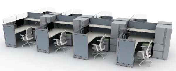 Row of modular office cubicles with desks, transparent partitions, and white ergonomic chairs.AMQ_Work-Hub-002-12-1.jpeg