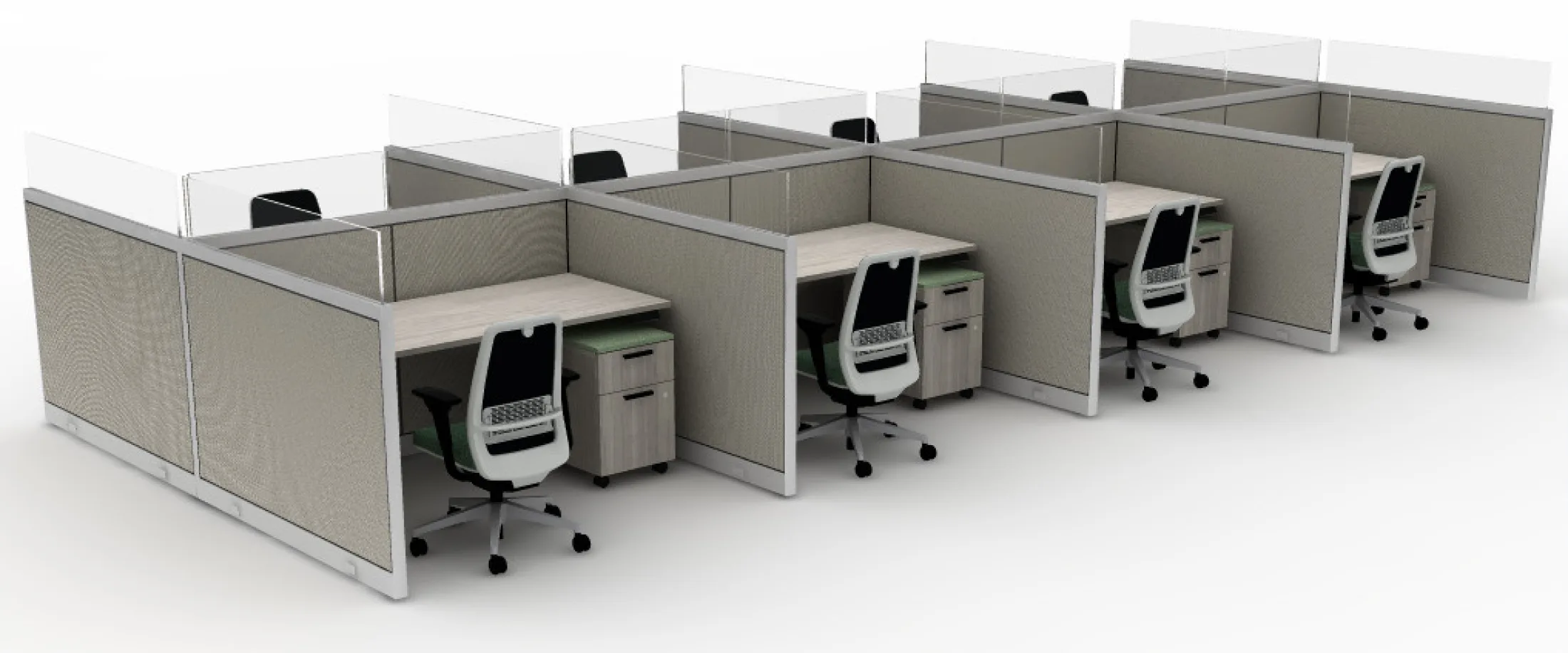 Row of modular office cubicles with glass divider panels, fabric partitions, wood-tone desks, under-desk pedestals, and ergonomic task chairs.AMQ_Work-Hub-002-14_2026-08-03-133530_nrxm.jpeg