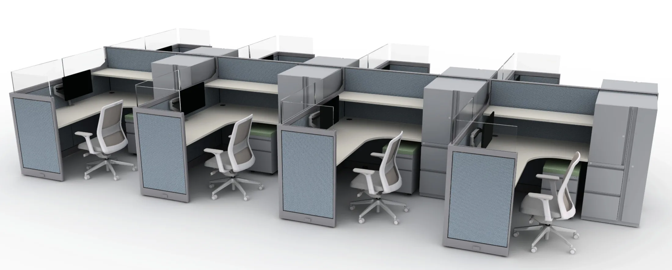 Row of modular office cubicles with desks, transparent partitions, and white ergonomic chairs.AMQ_Work-Hub-002-12-1.jpeg