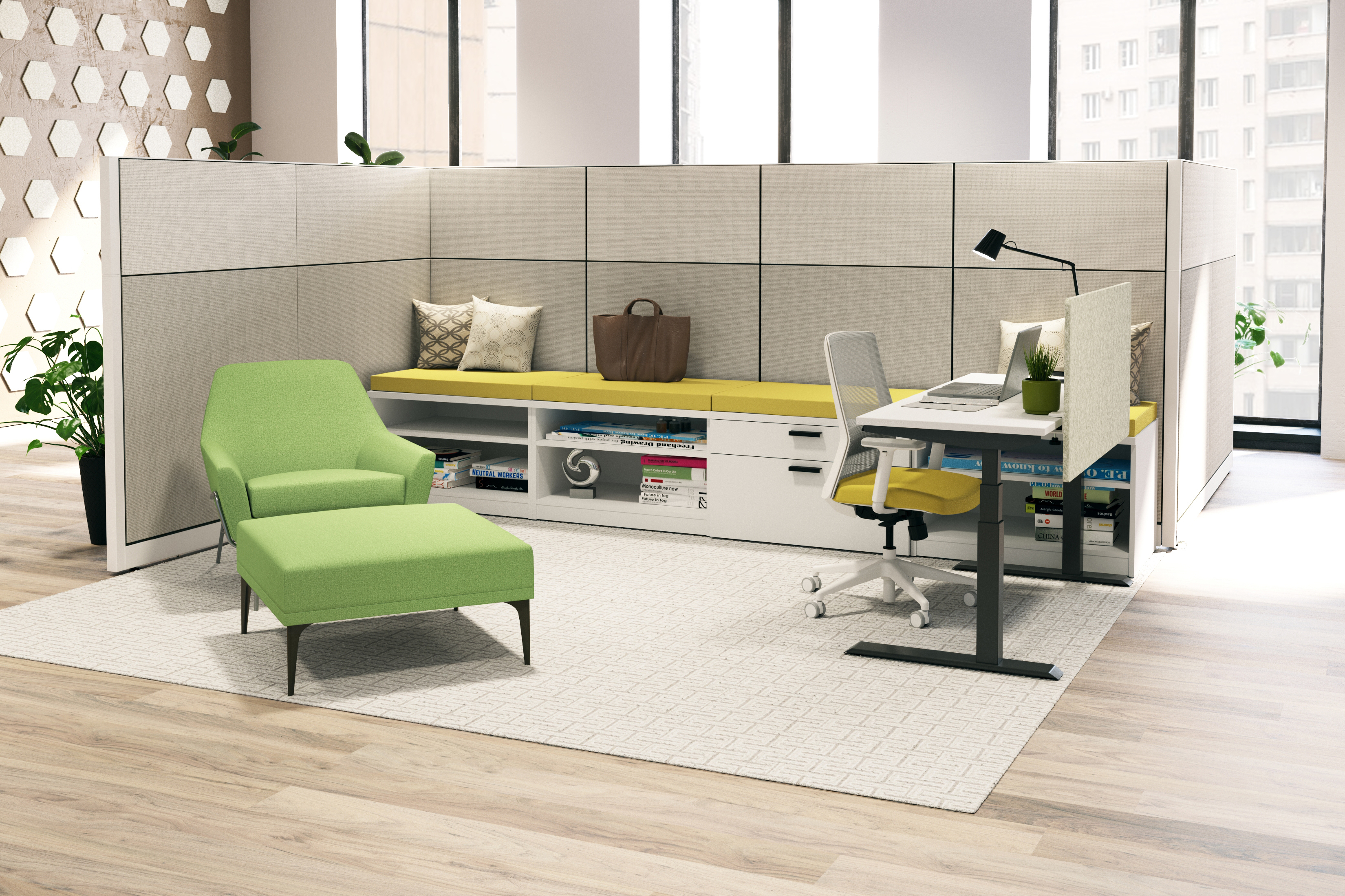 Lime-green lounge chair with ottoman beside a partitioned workstation; white adjustable office chair at a yellow-accent desk in a bright modern office.