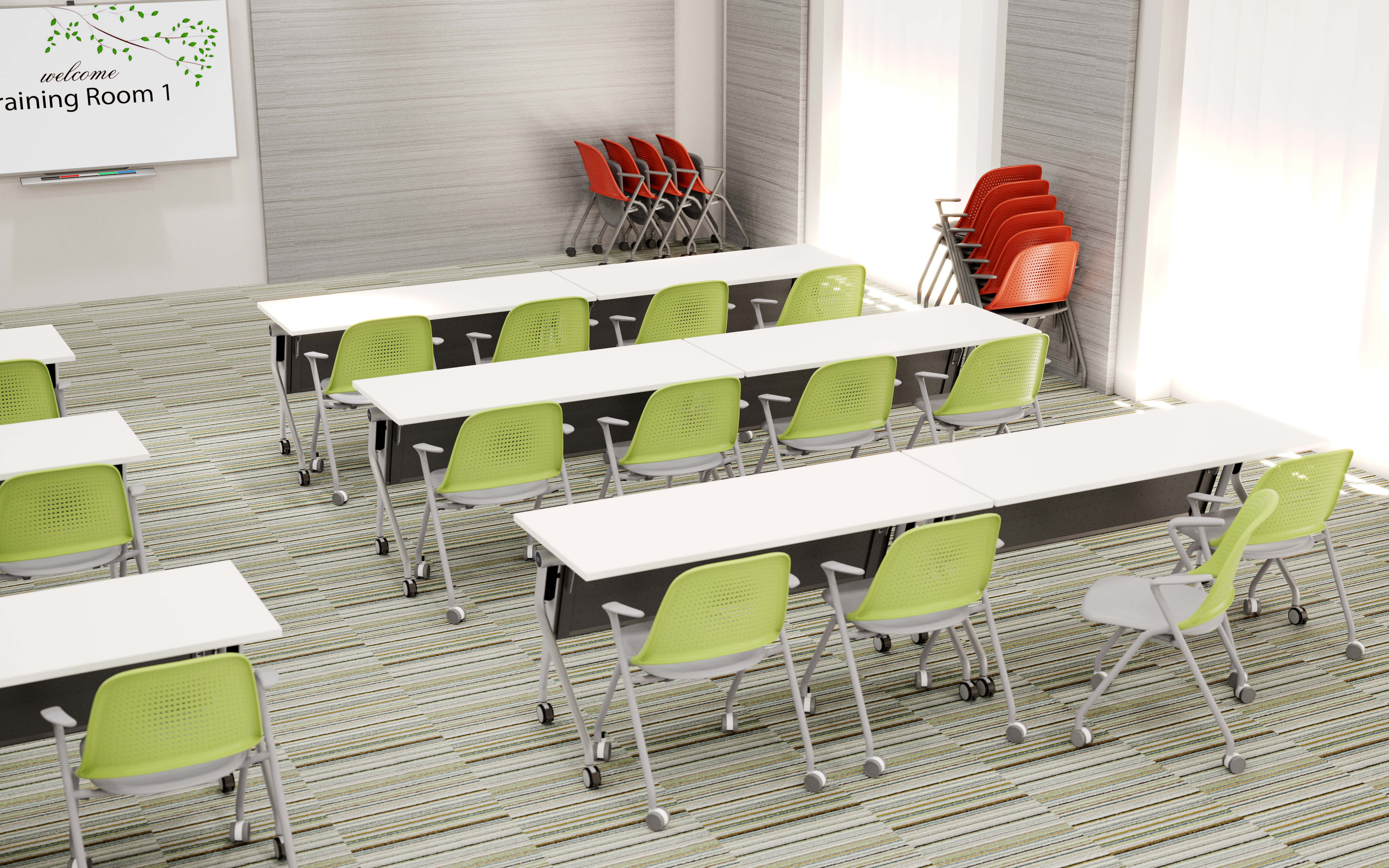 Training room setup with white tables and lime-green perforated-back swivel chairs on casters; red stackable chairs in corner; striped carpet