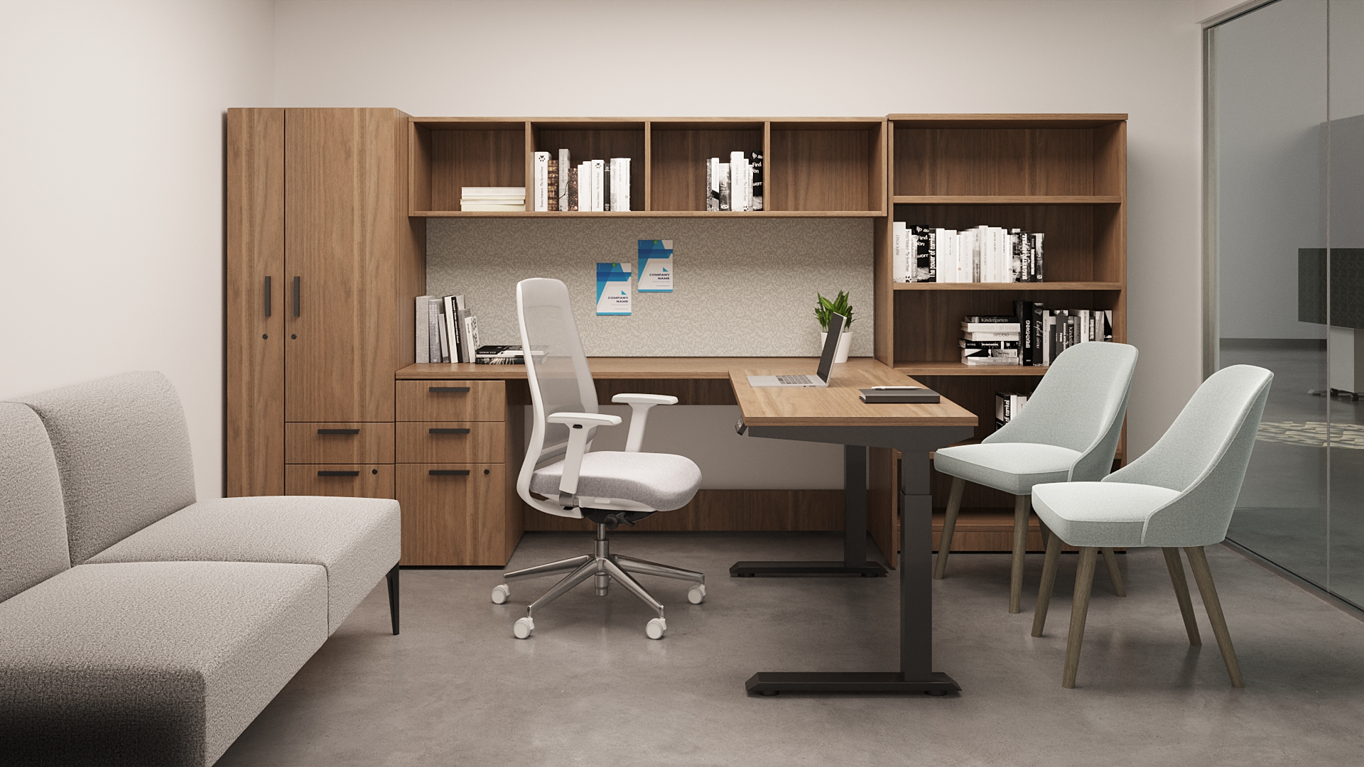 Ergonomic white swivel office chair at wooden desk in a contemporary workspace with wood storage wall and guest seating.