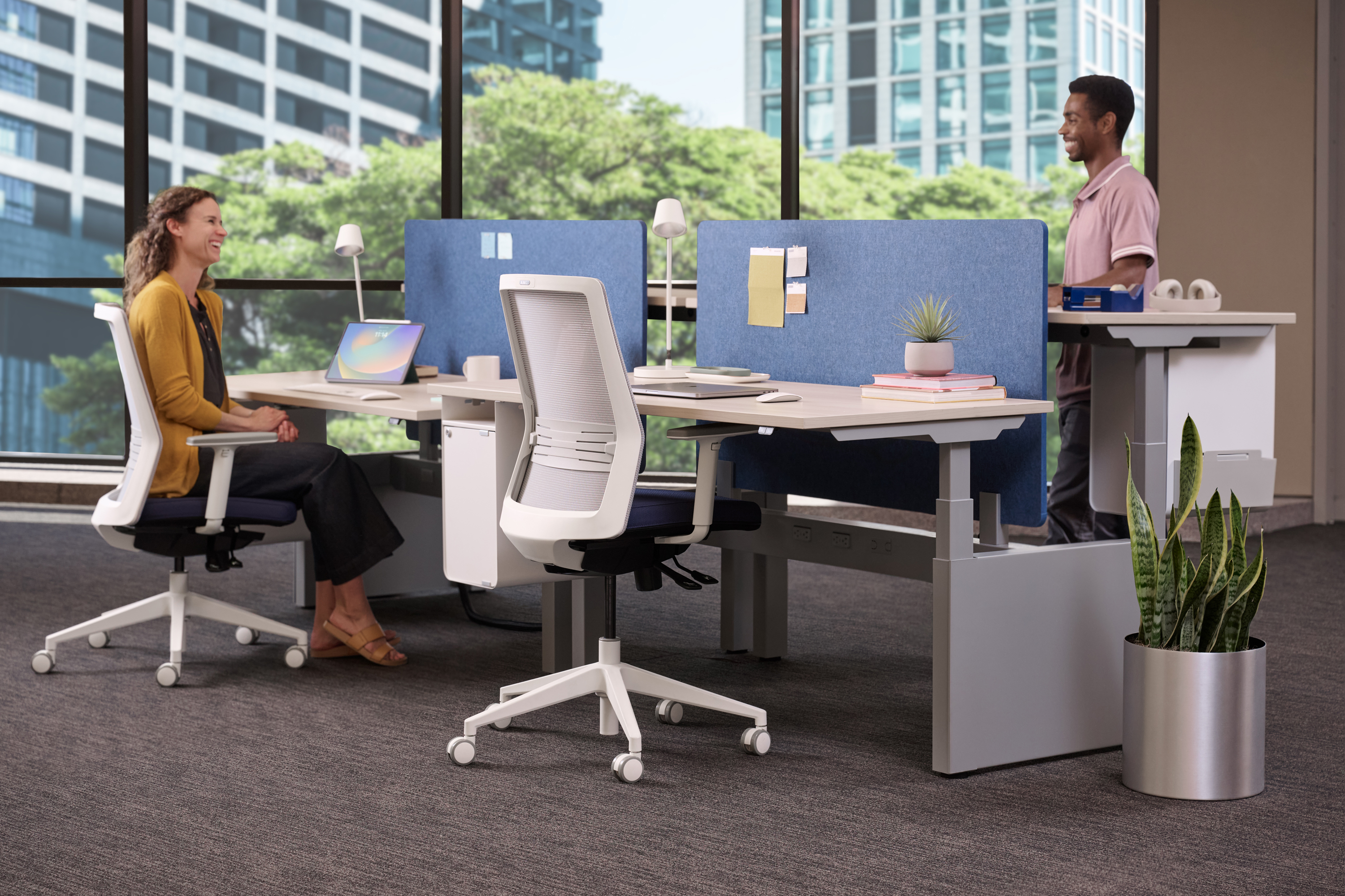 Two colleagues chat at modular office desks with blue fabric partitions; adjustable-height office chairs, laptop, plants, and windowed cityscape.