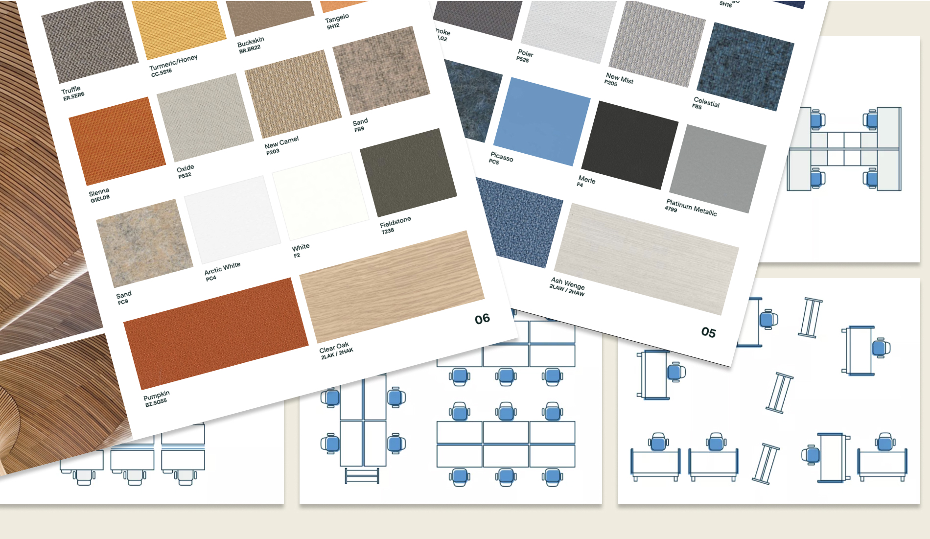 Overlapping catalog pages showing fabric swatches and blueprint-style office layouts.