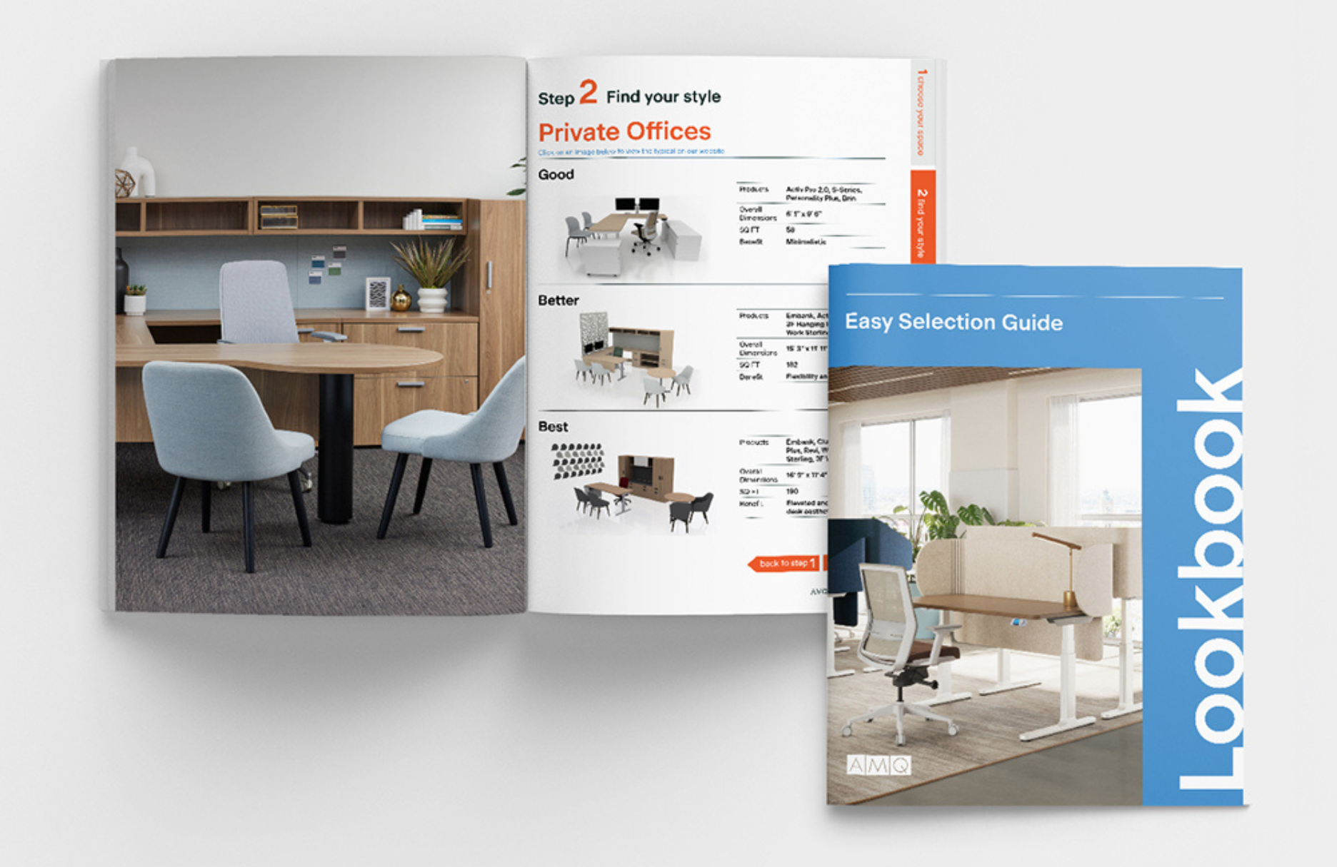 Open catalog showing office furniture: wooden desk with storage, round meeting table, and light-blue chairs; blue cover reads Easy Selection Guide.