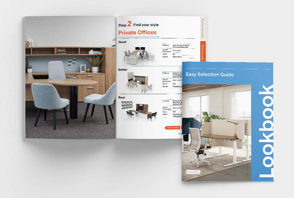 Open office furniture catalog showing round wooden conference table with four light-blue upholstered chairs and a matching desk with shelving.