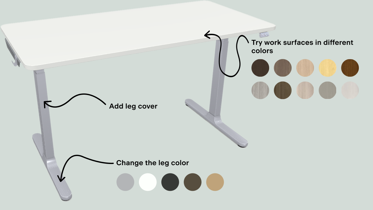 Adjustable-height desk with white top and dual leg frames; shows leg-cover add-on and leg-color options with surface-color swatches.