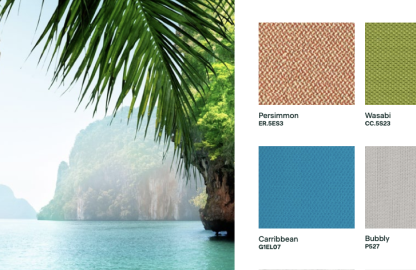 Textured fabric swatches in Persimmon, Wasabi, Caribbean, and Bubbly on a furniture catalog page with a tropical beach backdrop.