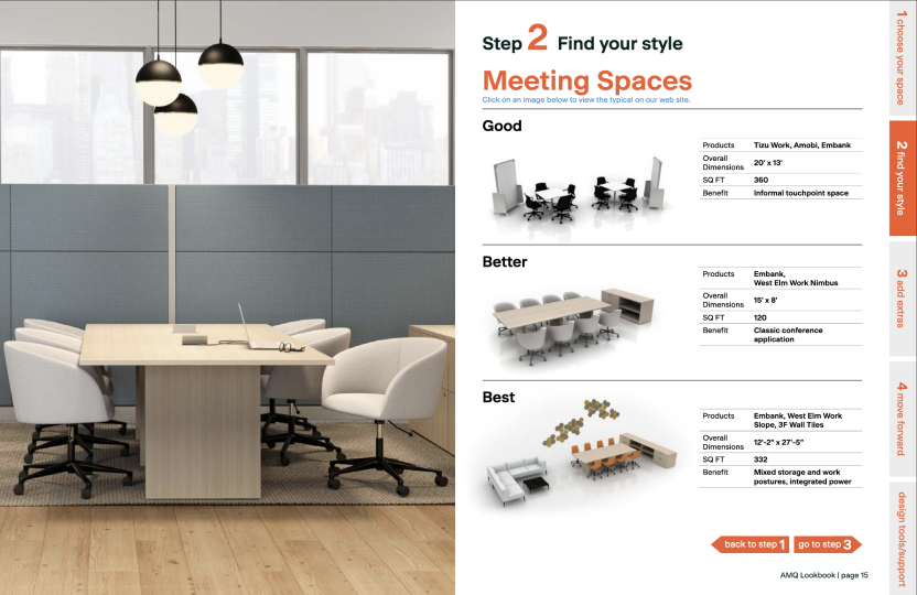 Modern conference room with rectangular wooden table and six white swivel chairs; large windows. Right side shows a Meeting Spaces infographic.