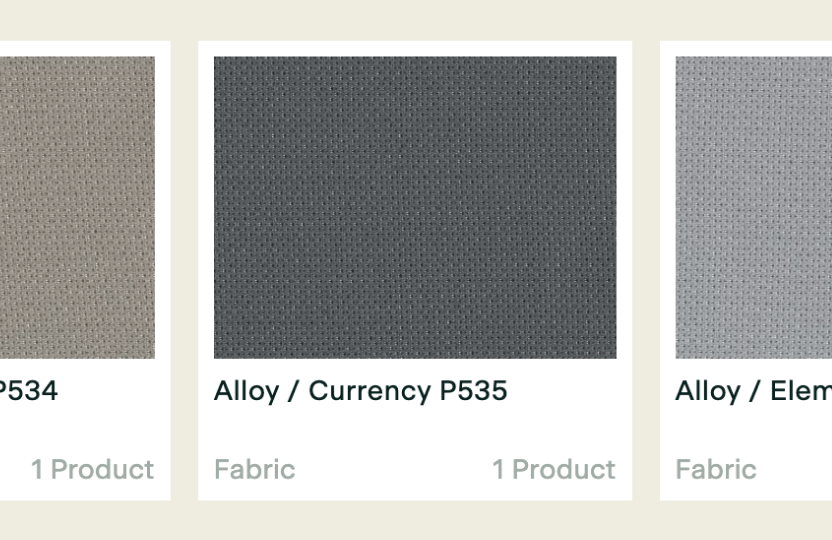 Three fabric swatches in beige, charcoal, and light gray displayed as furniture material samples in a catalog layout.