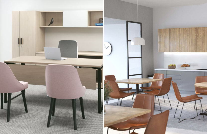 Office desk with pale wood surface and pink upholstered chairs; adjacent dining area with round wooden tables and brown leather chairs.