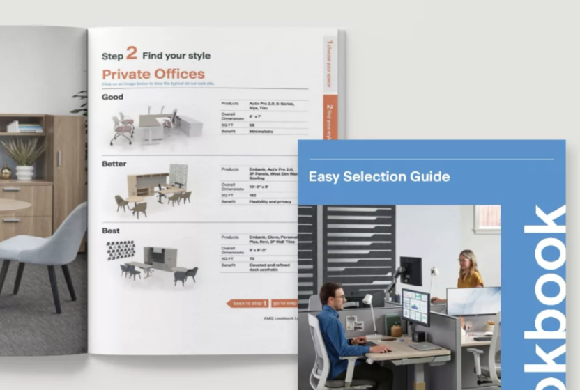 Office furniture catalog spread showing desks and an ergonomic office chair beside a workstation, with a blue Easy Selection Guide booklet.