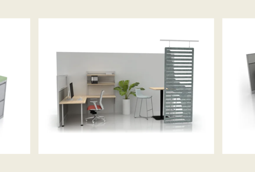 Office workstation with L-shaped desk, computer, ergonomic chair, shelves, plant, tall slatted privacy screen, and bar-height table with stools.