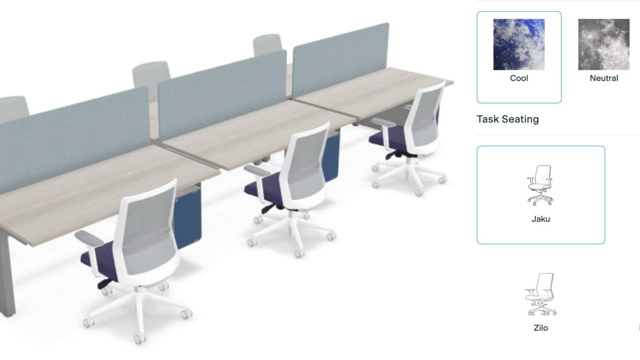 Row of light-wood desks with blue fabric partitions and adjustable white ergonomic office chairs with purple cushions.