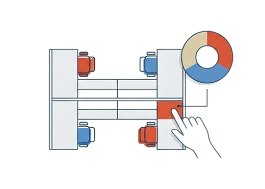 Top-down view of a modular conference table with four chairs (red/blue); a hand points to a vertical panel; color-options donut chart nearby.