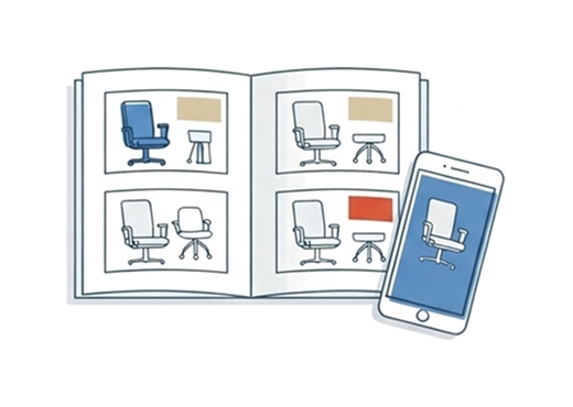 Open furniture catalog with two pages of office chair illustrations; smartphone shows a chair image.