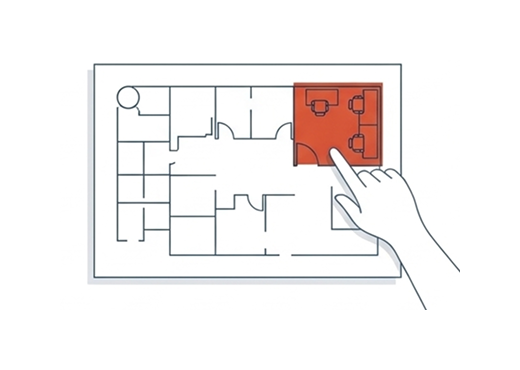 Touchscreen floor plan highlighting a conference room with table and chairs; hand taps the highlighted area.
