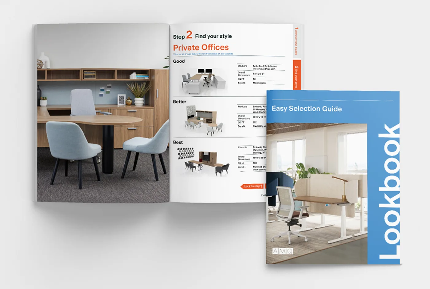 Open office furniture catalog showing round wooden conference table with four light-blue upholstered chairs and a matching desk with shelving.Lookbook-Website-Graphic_2X-aspect-ratio_2026-08-27-162539_dynt.jpg