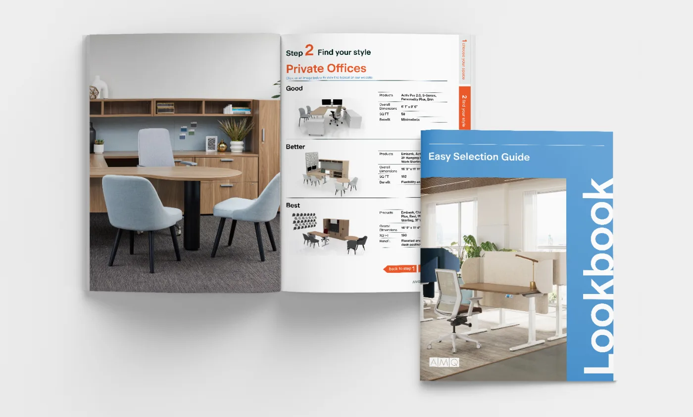 Open office furniture catalog showing round wooden conference table with four light-blue upholstered chairs and a matching desk with shelving.Lookbook-Website-Graphic_2X.jpg