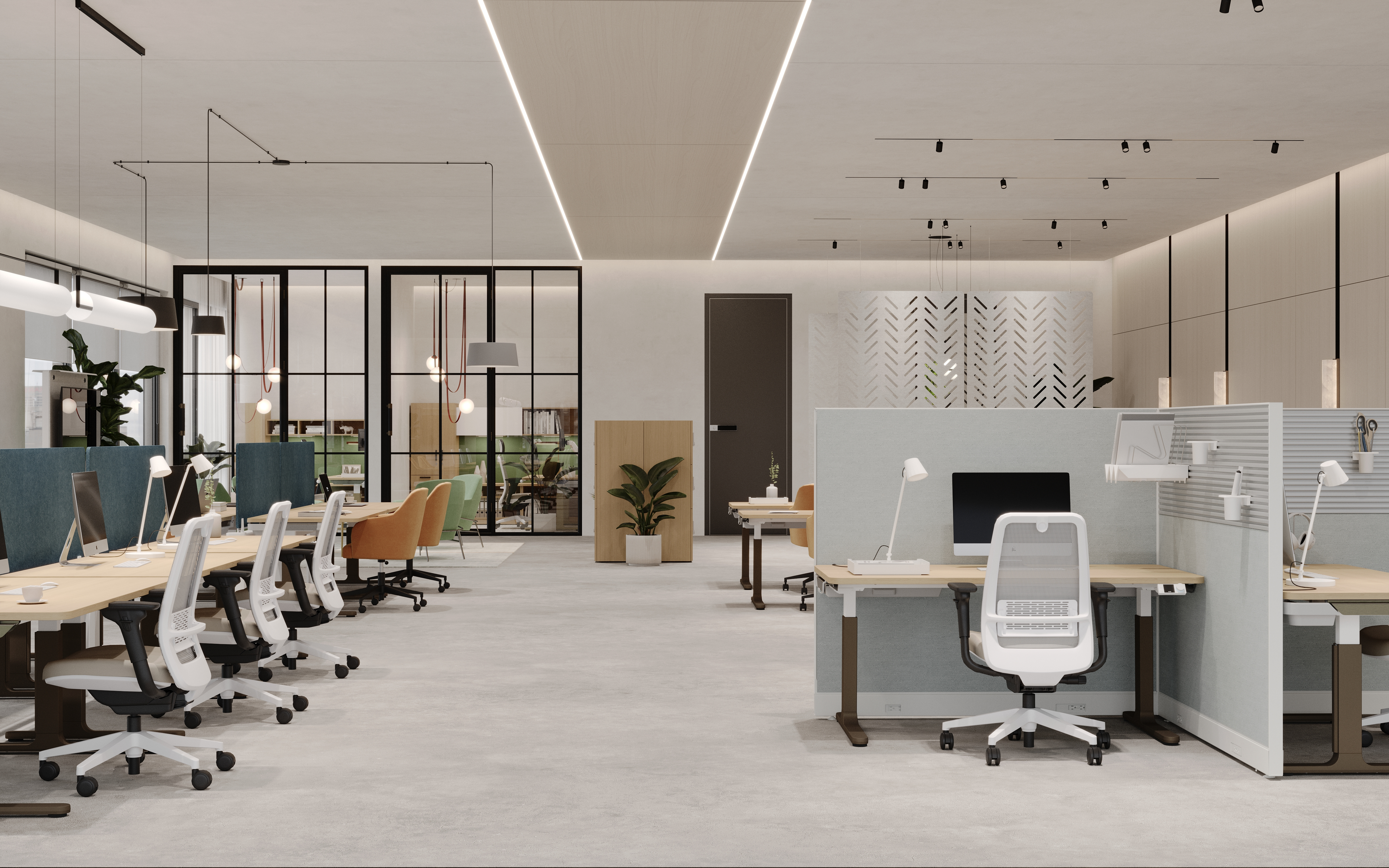 Modern office with benching systems, modular workspaces and private offices