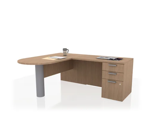L-shaped wooden desk with rounded left edge, gray cylindrical leg, and right three-drawer pedestal; mug, papers, and magazine on top.AMQ_Private-Office-Fixed-001-11.jpg