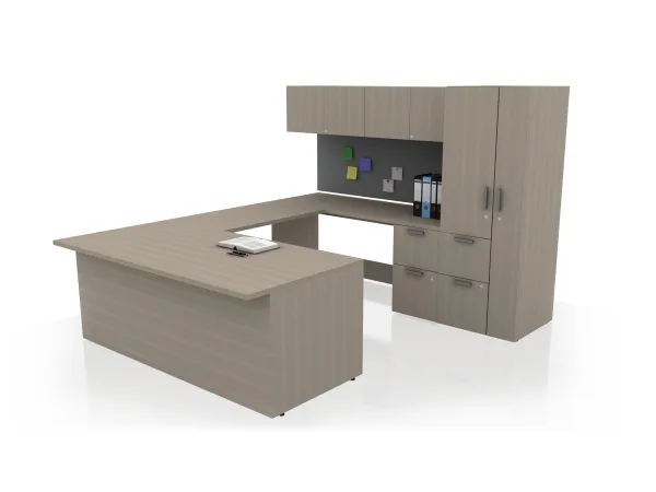 L-shaped office desk with integrated overhead storage and tall cabinet; corkboard with sticky notes and binder storage in light wood finish.AMQ_Private-Office-Fixed-001-10.jpg