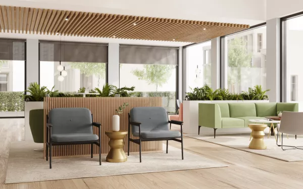 West Elm Work Mesa modular lounge in a large social space