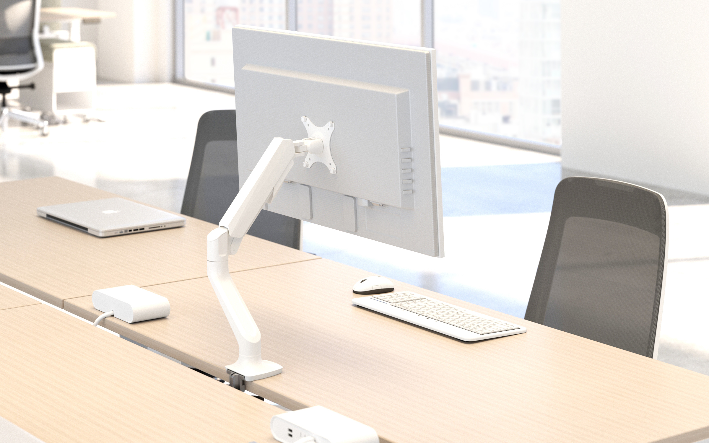 Desktop with Monitor Arms and Power Box