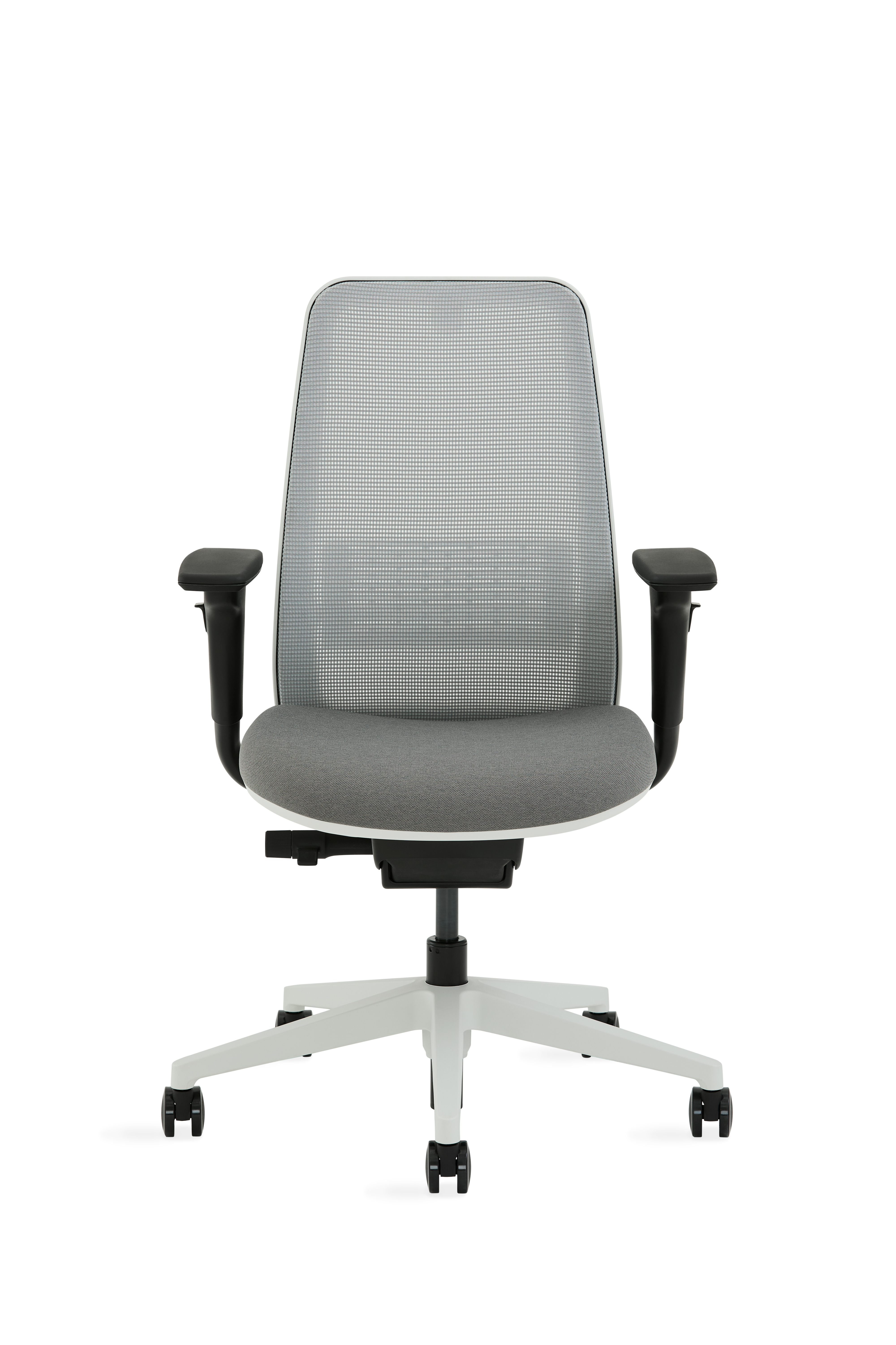 Ergonomic adjustable office chair with mesh back, grey seat, padded armrests, and white five-star base on white background.