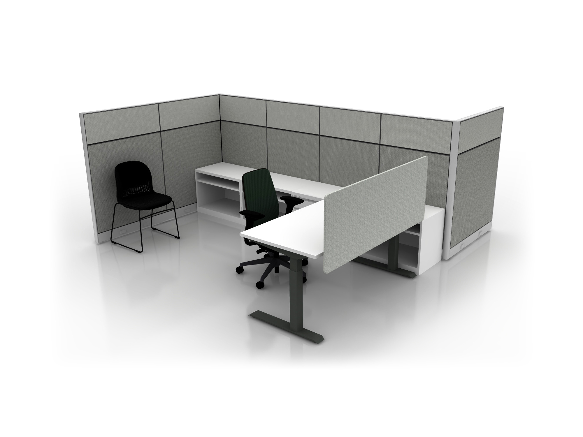 Office cubicle with white desk, gray fabric partitions, green ergonomic chair, black visitor chair, and white storage credenza.