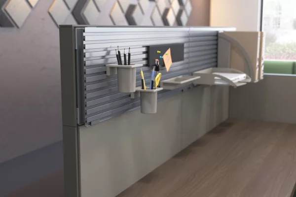 Full AMQ Tektis reception installation with integrated Slatwall