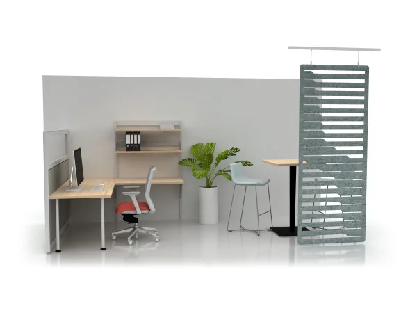 Ergonomic office workstation: desk with computer, red-cushioned chair, wall shelves, plant, tall counter with light-blue stool, and a slatted privacy divider.AMQ_Work-Hub-003-3.jpg