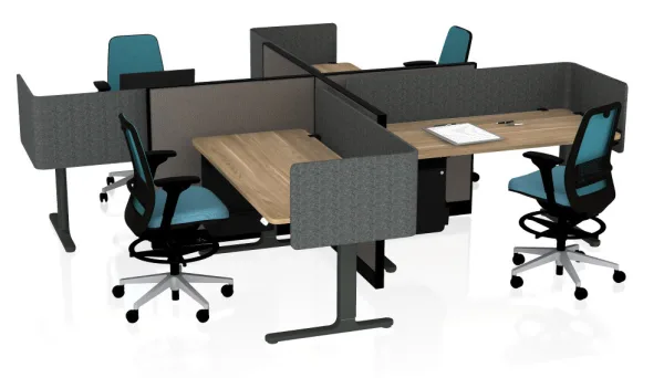 Modular four-person office cubicle with fabric partitions, wood desks, and teal ergonomic chairs.AMQ_Work-Hub-002-10.jpeg
