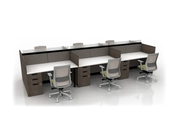 Modular office cubicle row with three workstations, white desktops, wood-tone pedestals, and gray ergonomic chairs.AMQ_Work-Hub-001-10.jpeg