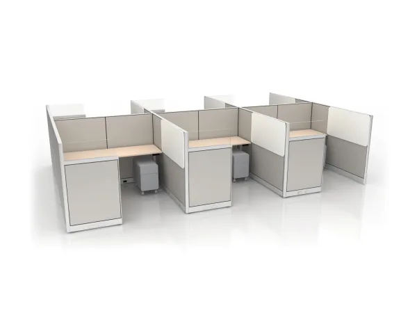 Modular four-seat office cubicle row with beige partition panels, light wood desks, and under-desk grey pedestals.AMQ_Work-Hub-002-9.jpeg