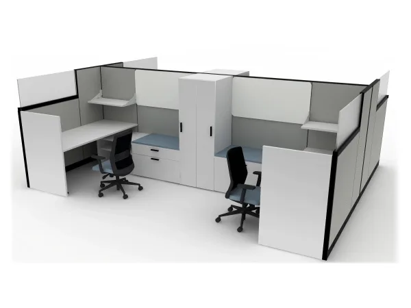 Two-person modular office cubicle with white desks, gray partitions, central storage cabinet, and ergonomic black chairs.AMQ_Work-Hub-001-11.jpeg
