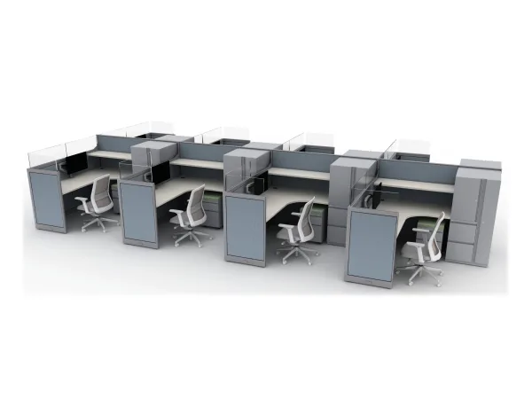 Row of modular cubicles with fabric partitions, desks, and white ergonomic chairs in a modern office workstation setup.AMQ_Work-Hub-002-12.jpeg