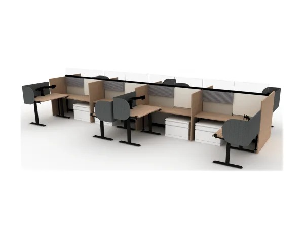 Row of modular cubicles with wooden desks, adjustable office chairs, glass partitions, and white under-desk pedestals.AMQ_Work-Hub-002-13.jpeg