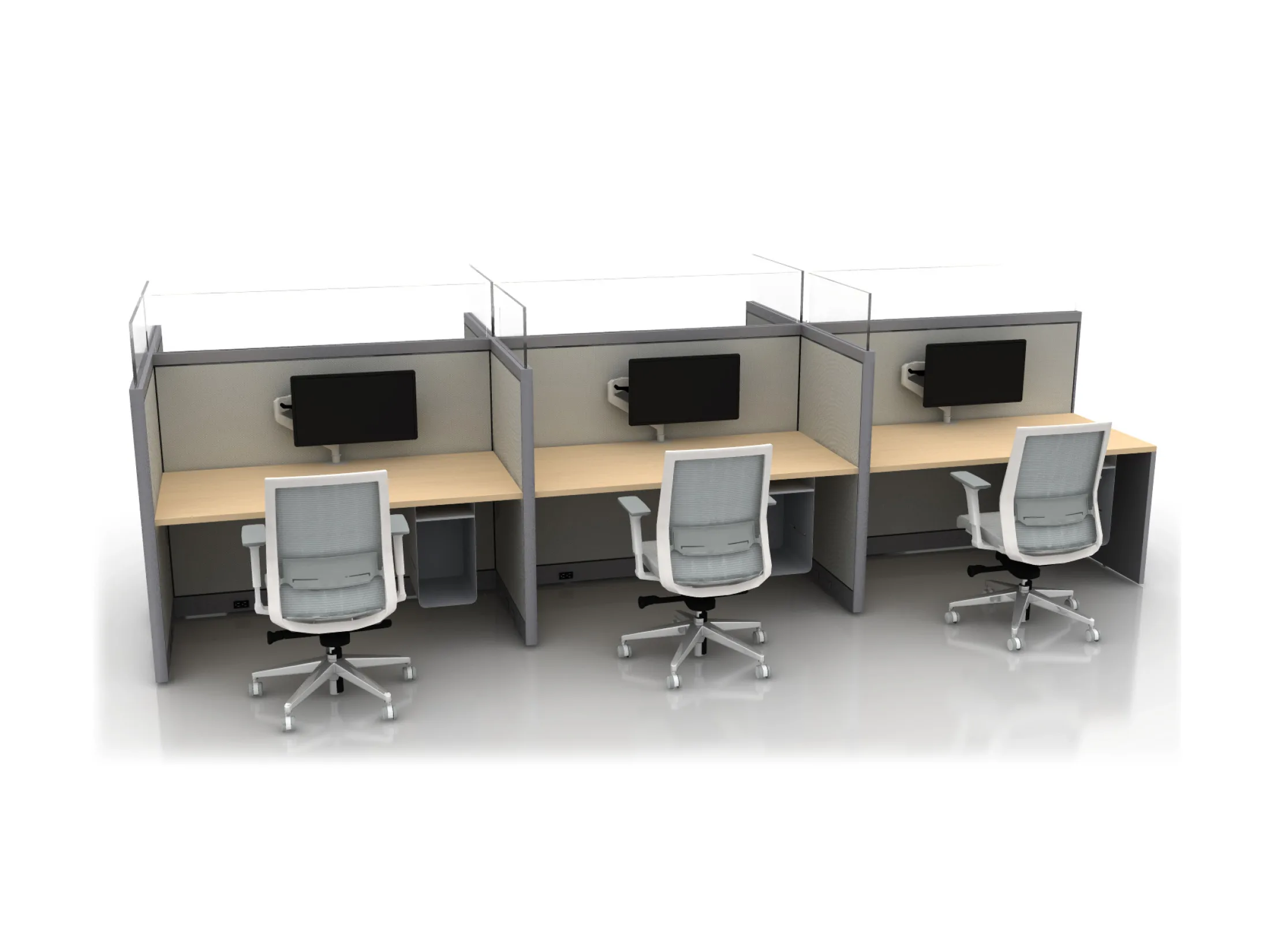 Row of three modular cubicle workstations with desks, monitors, and ergonomic mesh-backed adjustable-height chairs.AMQ_Work-Hub-003-1.jpg