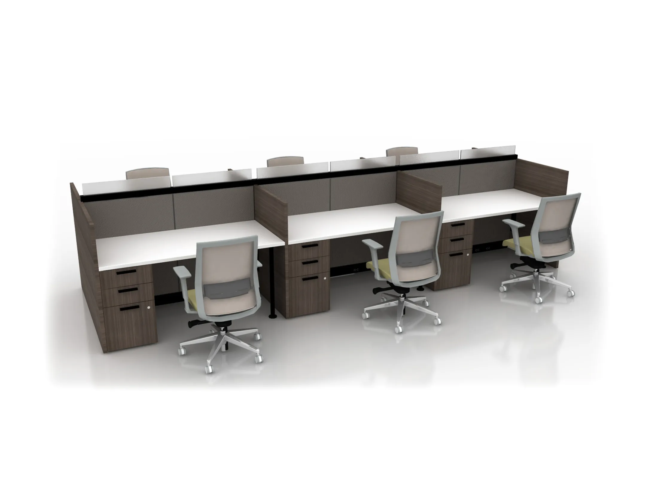 Modular office cubicle row with three workstations, white desktops, wood-tone pedestals, and gray ergonomic chairs.AMQ_Work-Hub-001-10.jpeg